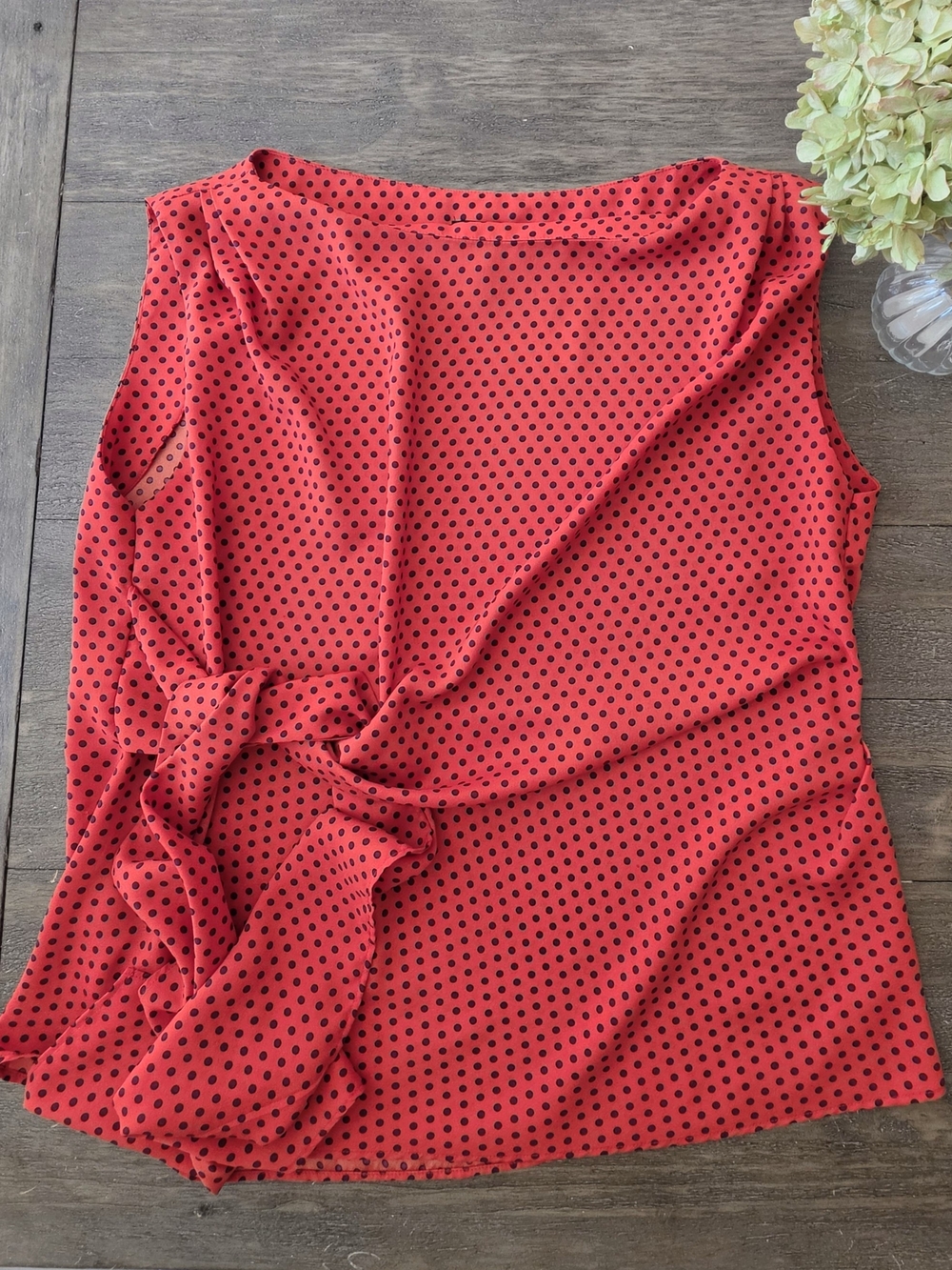 Ann Taylor Sleeveless Reddish Orange Blouse with Waist Tie and Side Rushing Sz L